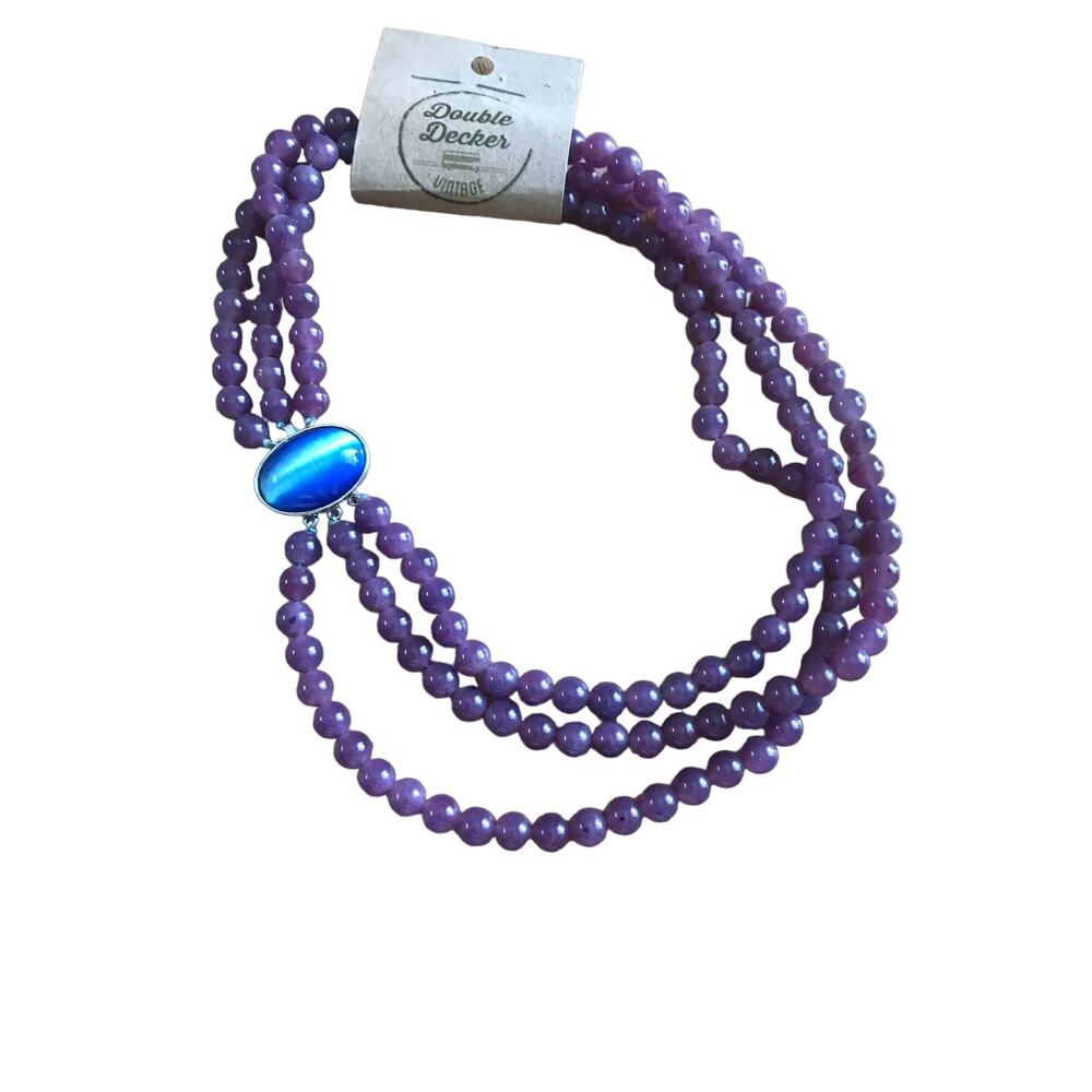 Vintage Purple Jade Gemstone Multistrand Necklace Blue Cateye Moonstone Clasp